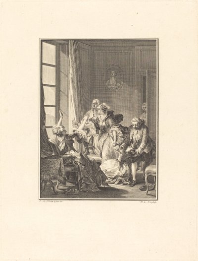 Julie valt flauw in een fauteuil door Noël Le Mire after Jean Michel Moreau