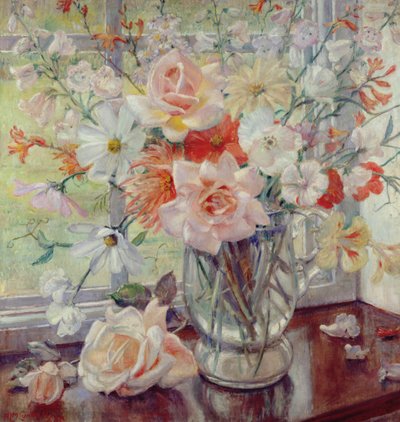 Een stilleven van zomerbloemen in een glazen kan door Nora Lucy Mowbray Cundell