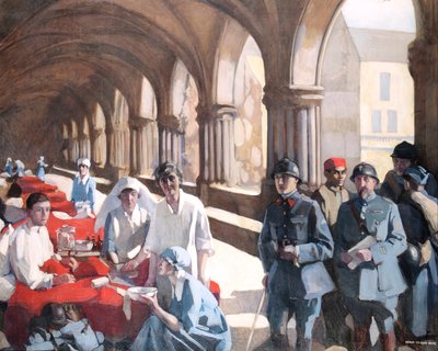 In de Kloostergang van de Abdij van Royaumont. Dr. Frances Ivens inspecteert een Franse patiënt door Norah Neilson Gray