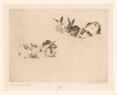 Zes konijnen door Norbert Goeneutte (signed by artist)
