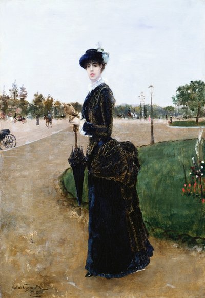 Een elegante dame in het Bois de Boulogne, 1880 door Norbert Goeneutte