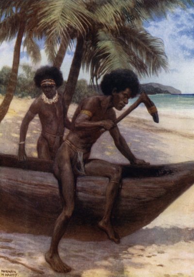 Het afwerken van een kano, Brits Nieuw-Guinea door Norman Hardy