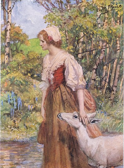 De lelie-witte hinde sprong op en legde haar hoofd in de hand van het meisje, illustratie uit 