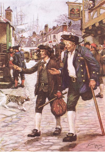 Jim en Long John Silver in Bristol, uit Schateiland gepubliceerd door MacDonald 1947 door Norman Mills Price
