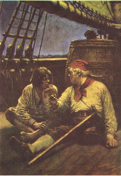 Het vat schudde toen hij zijn schouder ertegen leunde, uit Schateiland gepubliceerd door MacDonald 1947 door Norman Mills Price
