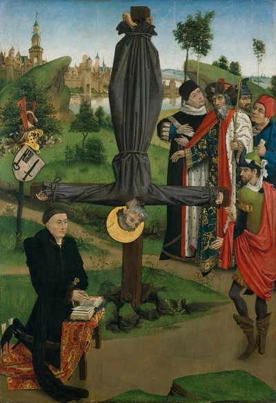 De Kruisiging van Sint Pieter met een Donor, De Legende van Sint Antonius Abt met een Donor door Northern French Painter