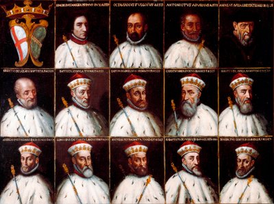 Wapenschild van de Republiek Genua en portretten van de doges - Simone Boccanegra, Ottaviano Fregoso en Antoniotto II Adorno; Andrea Doria. Oberto Cattaneo Lazzari, Battista Spinola, Battista Lomellini, Cristoforo Grilaldi Rosso, Giovanni Battista Doria door Northern Italian School