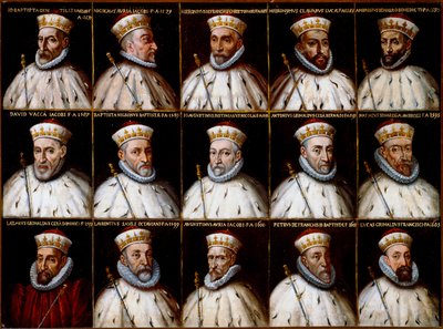 Wapenschild van de Republiek Genua en portretten van de Doges. Gio. Battista Gentile Pignolo, Nicolò Doria, Gerolamo De Franchi Toso, Gerolamo Chiavari, Ambrogio Di Negro, Davide Vacca (of Vaccari), Battista Negrone, Gio Giustiniani Campi, Antonio Grimal door Northern Italian School