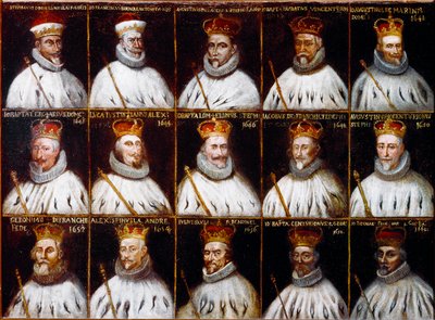 Wapenschild van de Republiek Genua en portretten van de Doges. Giovanni Stefano Doria, Francesco Gio. Brignole Sale, Agostino Pallavicini, Giov.Battista Durazzo, Agostino Giovanni De Marini, Giovan Battista Lercari, Luca Giustiniani, Giovanni Battista L door Northern Italian School