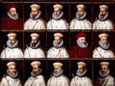 Wapenschild van de Republiek Genua en portretten van de doges. Silvestro Invrea, Gerolamo Assereto, Agostino Pinello Luciani, Alessandro Giustiniani Longo, Tomaso Spinola, Clavarezza Bernardo, Giovanni Giacomo Imperiale (Tartaro), Pietro Durazzo, Ambrogio door Northern Italian School
