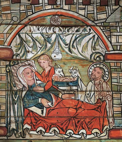 Geboorte van Jezus, fresco, eind 13e eeuw, Noorwegen door Norwegian School