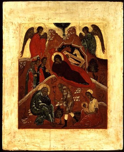 Icoon van de Geboorte, de Aanbidding van de Wijzen en de Verleiding van St. Joseph, c.1500 door Novgorod School