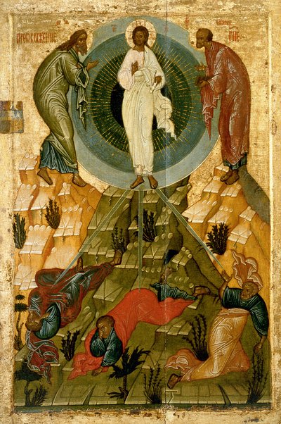 De transfiguratie van onze Heer, Russische icoon uit de Heilige Theotokos Dormitiekerk op het Volotovoveld bij Novgorod (tempera op paneel) door Novgorod School