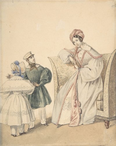 Mode tekening met een vrouw zittend in een stoel met een jongen en meisje, 19e eeuw door Numa Bassaget