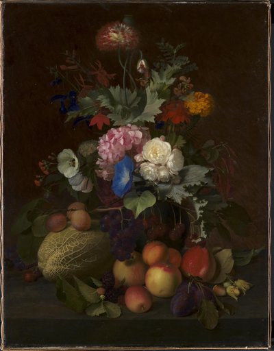 Stilleven met fruit en bloemen door O.D. Ottesen