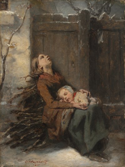 Verarmde dode moeder die haar slapende kind vasthoudt in de winter door Octave Tassaert