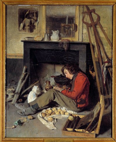 Atelier interieur. Een schilder bij zijn open haard. Schilderij door Octave Tassaert (1800-1874), 1845 door Octave Tassaert