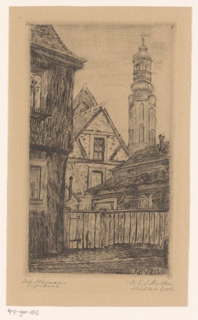 Stadsgezicht met de toren in Weimar door Octavia Cornelia Suzanna Hofstede de Groot (signed by artist)
