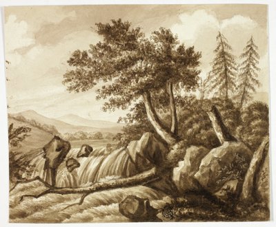 Waterval in rotsachtig landschap door Octavius Oakley