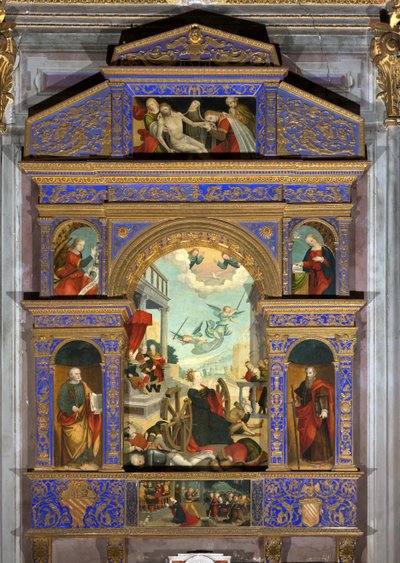 Polyptiek van martelaarschap met het getande wiel van Sint-Catharina van Alexandrië door Oddone Pascale