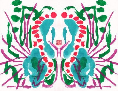 Pauw groen rood bloemenpatroon door Odilia W. Y. Fu