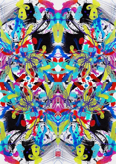 Zen inkt blauw rood geel bloemenpatroon door Odilia W. Y. Fu