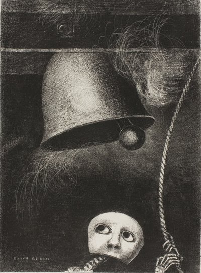 Een masker luidt de doodsklok, plaat drie uit To Edgar Poe door Odilon Redon