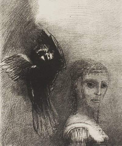 En een grote vogel, die uit de lucht neerdaalt, werpt zich tegen het hoogste punt van haar haar, plaat 3 van 10 door Odilon Redon