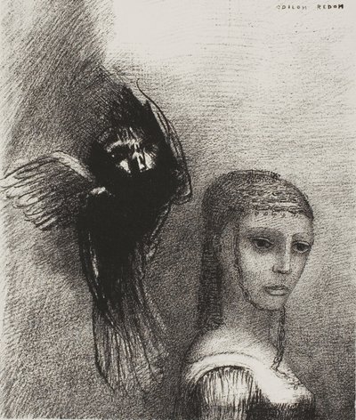 En een grote vogel, die uit de lucht neerdaalt, werpt zich tegen het hoogste punt van haar haar, plaat 3 van 10 door Odilon Redon