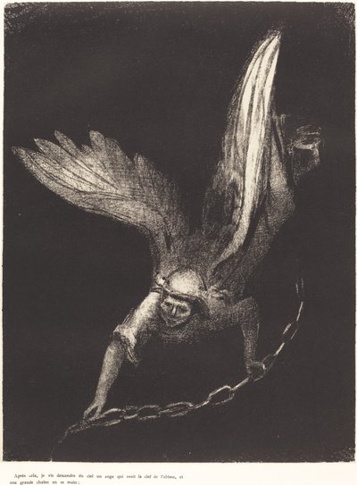 En toen zag ik een engel uit de hemel neerdalen, met de sleutel van de afgrond en een grote ketting in zijn hand door Odilon Redon