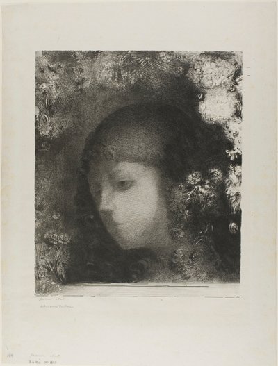 Kinderhoofdje met bloemen door Odilon Redon
