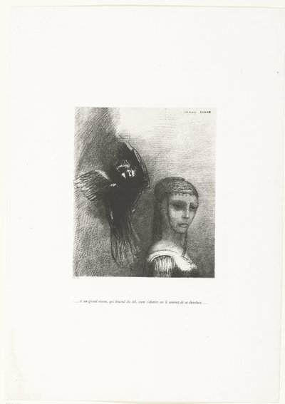 En een grote vogel, die afdaalt uit de hemel, strijkt neer op de kruin van haar kapsel door Odilon Redon