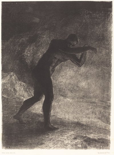 En de Mens verscheen; ondervragend de aarde waaruit hij voortkwam en die hem aantrekt, baande hij zich een weg naar somber licht door Odilon Redon