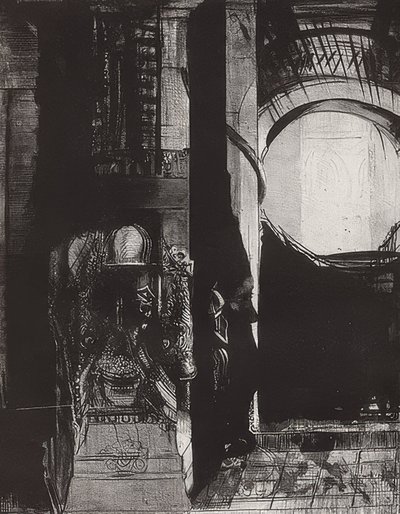 En overal zijn er basaltkolommen, het licht valt van de gewelven, blad 3 van de serie La Tentation de Saint-Antoine door Odilon Redon