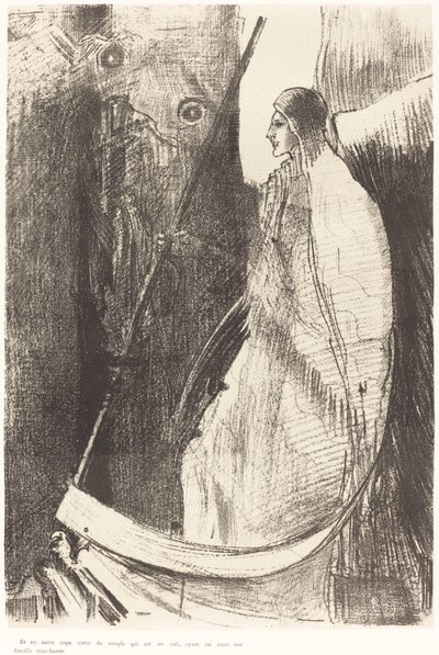En een andere engel kwam uit de tempel die in de hemel is, en hij had ook een scherpe sikkel door Odilon Redon
