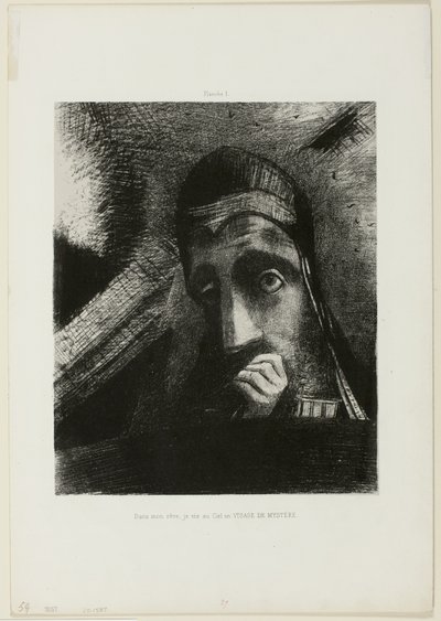 Gezicht van Mysterie (In mijn droom zag ik in de lucht een GEZICHT VAN MYSTERIE), plaat 1 uit Hommage aan Goya door Odilon Redon