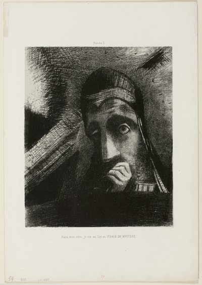 Gezicht van Mysterie (In mijn droom zag ik in de lucht een GEZICHT VAN MYSTERIE), plaat 1 uit Hommage aan Goya door Odilon Redon