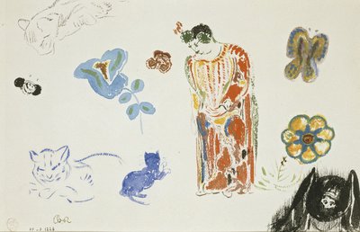 Studieblad: vrouw, bloemen en dieren door Odilon Redon