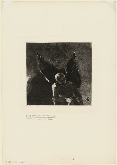Glorie en lof aan U, Satan, in de hoogten van de hemel, waar U regeerde, en in de diepten van de hel, waar, overwonnen, U in stilte droomt!, plaat 8 van 9 door Odilon Redon