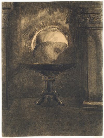 Hoofd met een Frygische muts, op een schaal door Odilon Redon