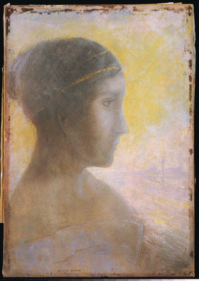 Hoofd van een jonge vrouw in profiel, ca. 1895 door Odilon Redon