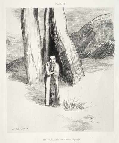 Hulde aan Goya: Een Gek in een Somber Landschap door Odilon Redon