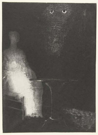 Ik kijk van bovenaf op de vage vormen van een menselijke figuur door Odilon Redon