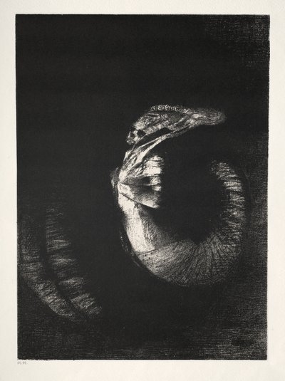 Het is een Schedel met Rozen Omkranst. Het Domineert een Vrouwentorso van Parelmoerwitheid door Odilon Redon
