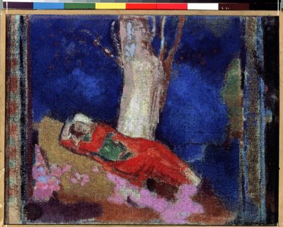 Jonge vrouw liggend onder een boom door Odilon Redon