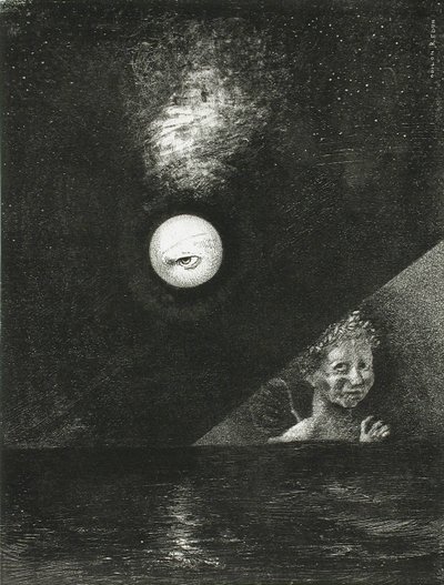 Aan de horizon, de engel van zekerheid, en in de donkere lucht, een vragende blik. Serie: Voor Edgar door Odilon Redon
