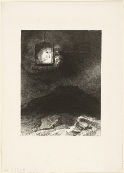 Precaire Glinstering, een Hoofd Hangend uit de Oneindigheid, plaat 3 van 6 door Odilon Redon
