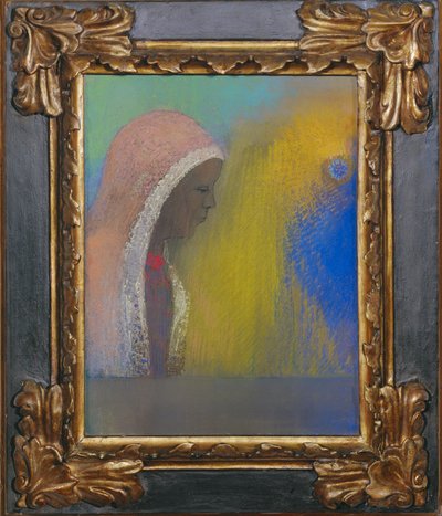 Profiel van een vrouw met roze sluier (pastel op papier) door Odilon Redon