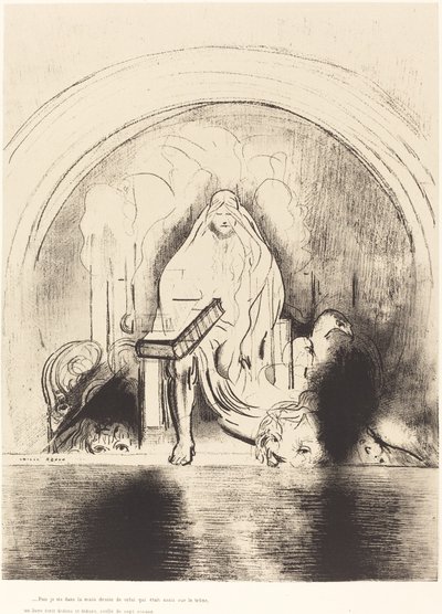 En toen zag ik in de rechterhand van degene die op de troon zat een boek, beschreven van binnen en van buiten, verzegeld met zeven zegels door Odilon Redon