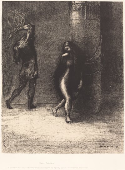 Sint Antonius: "Onder haar lange haar, dat haar gezicht bedekte, dacht ik Ammonaria te herkennen" door Odilon Redon